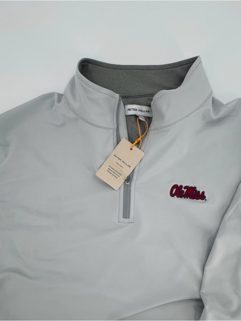 SIP EMBROIDERED SLEEVE! British Grey Peter Millar Ole Miss Quarter-Zip!  XL- NWT